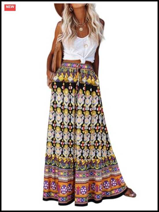 Dresses & Skirts - Flowy Boho Maxi Skirt with Pockets High Waist A-Line